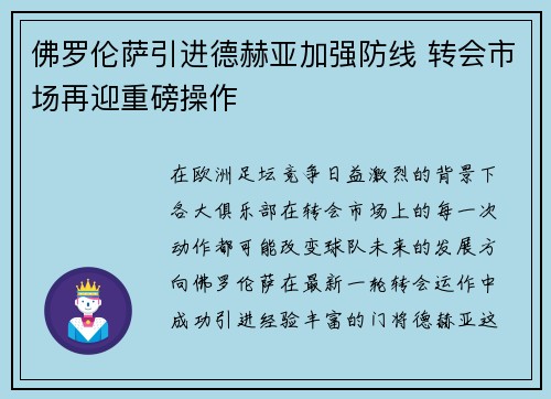 佛罗伦萨引进德赫亚加强防线 转会市场再迎重磅操作
